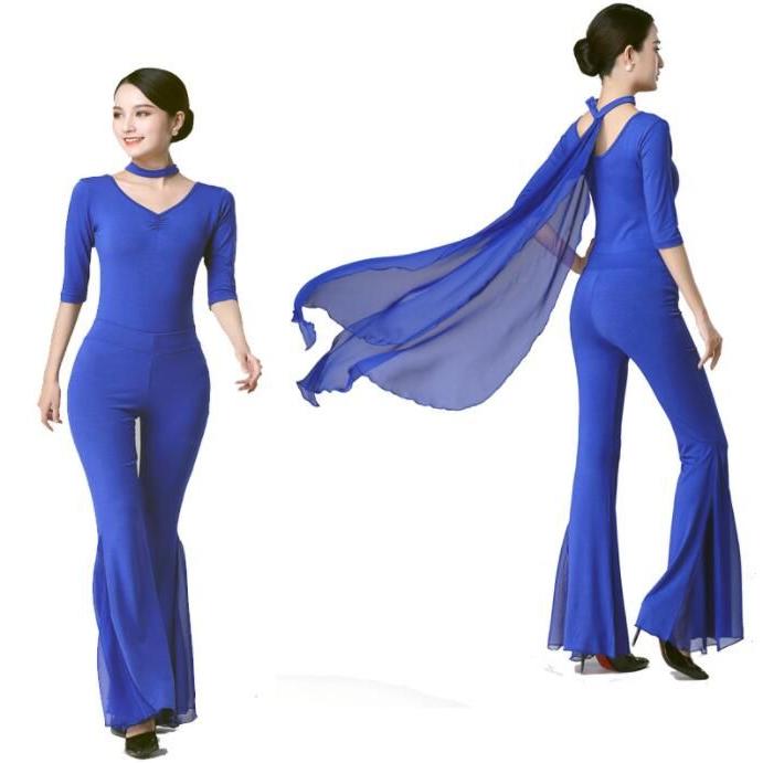 バレエ 古典ダンス 社交ダンス 衣装 五分袖 レオタード ロング丈 パンタロン ラッパ ベルボトム ワイドパンツ フレアパンツ シフォン切替 ストレッチ ヨ - 画像 (5)