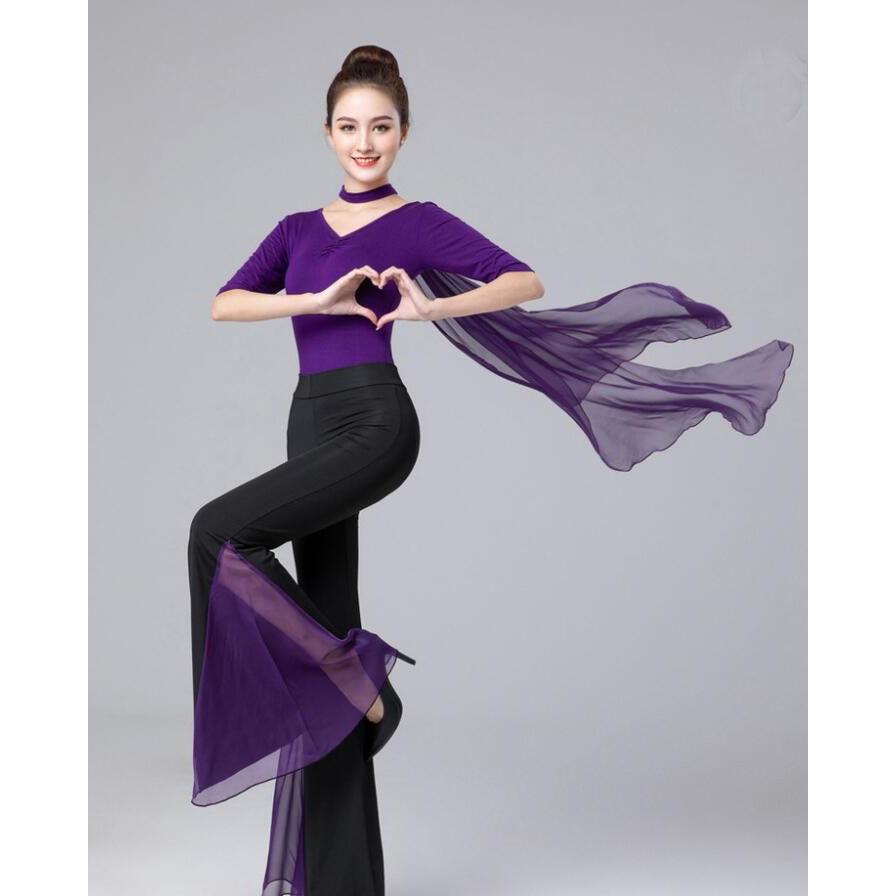 バレエ 古典ダンス 社交ダンス 衣装 五分袖 レオタード ロング丈 パンタロン ラッパ ベルボトム ワイドパンツ フレアパンツ シフォン切替 ストレッチ ヨ - 画像 (7)