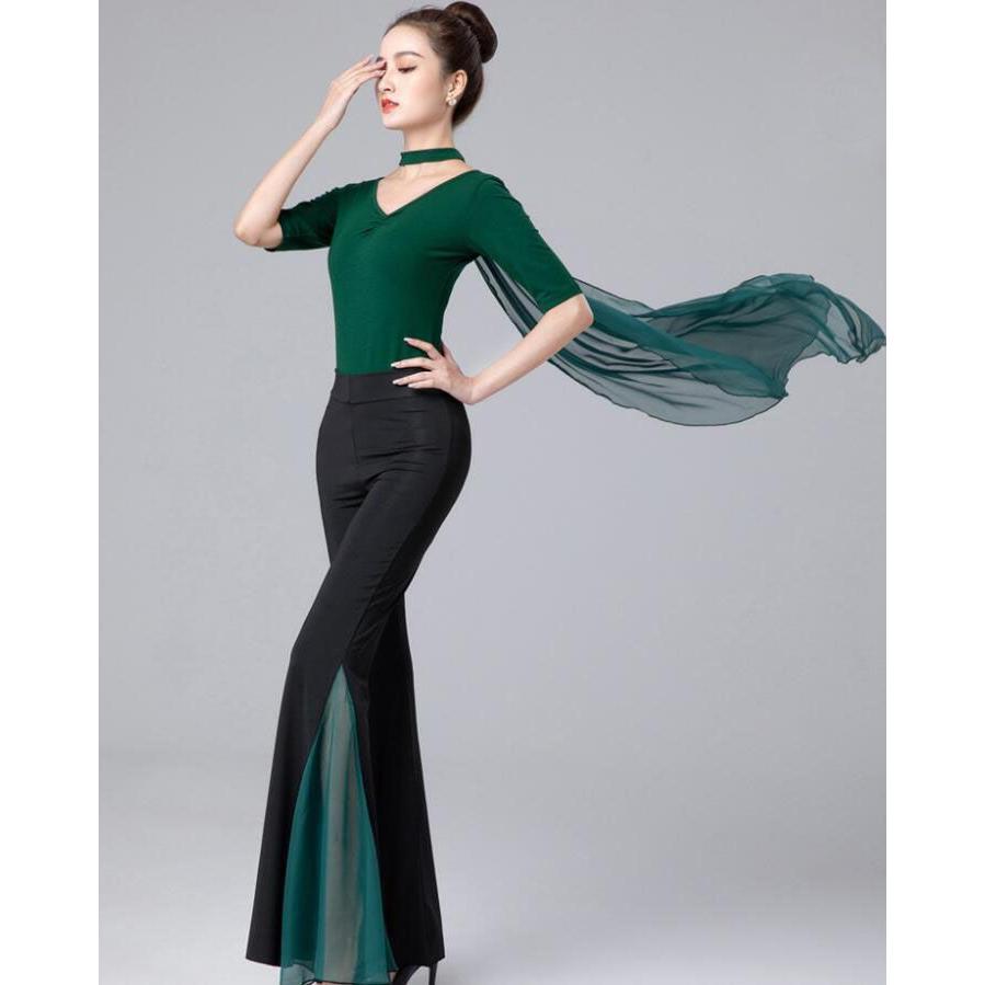 バレエ 古典ダンス 社交ダンス 衣装 五分袖 レオタード ロング丈 パンタロン ラッパ ベルボトム ワイドパンツ フレアパンツ シフォン切替 ストレッチ ヨ - 画像 (8)