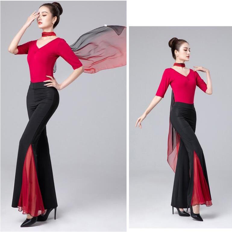 バレエ 古典ダンス 社交ダンス 衣装 五分袖 レオタード ロング丈 パンタロン ラッパ ベルボトム ワイドパンツ フレアパンツ シフォン切替 ストレッチ ヨ - 画像 (9)
