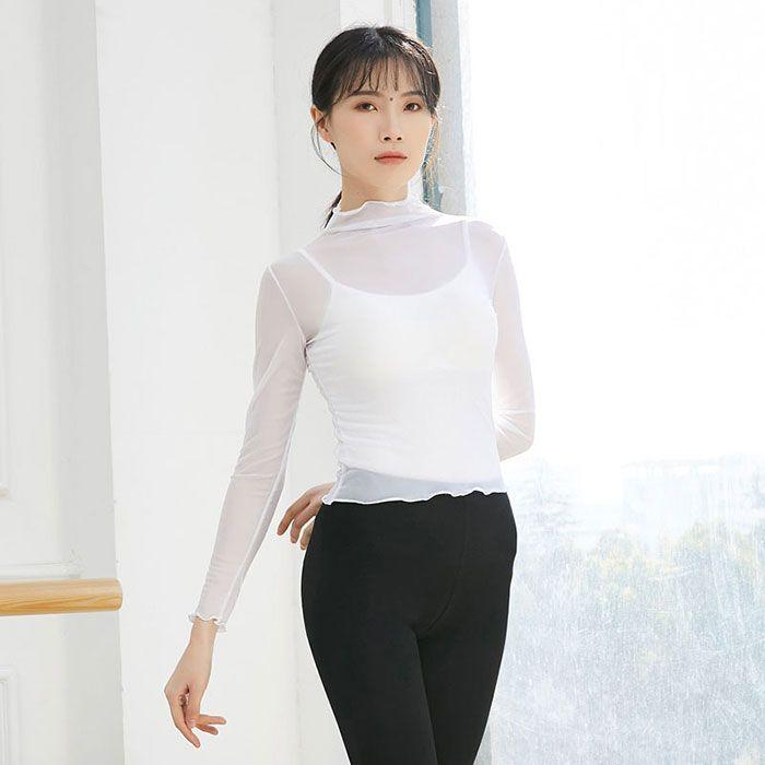 バレエ トップス 長袖 ストレッチメッシュ シースルー ハイネック レディース 大人 バレエトップス レッスン 着 バレエ用品 ダンス ヨガ ウェア 社交ダ - 画像 (2)