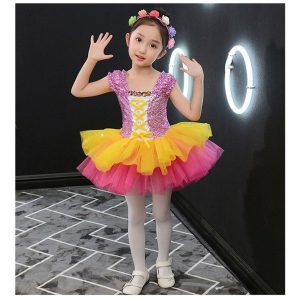 子供 ダンス衣装 チュチュスカート 女の子 キッズ ダンス 発表会 かわいい スパンコール ワンピース ステージ衣装 舞台衣装 半袖 バレ