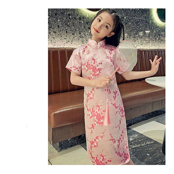 子供 チャイナドレス ショート丈 半袖 梅柄 新年 パーティードレス 発表会 演奏会 ドレス ワンピース チャイナ かわいい コスプレ ハロウ - 画像 (2)