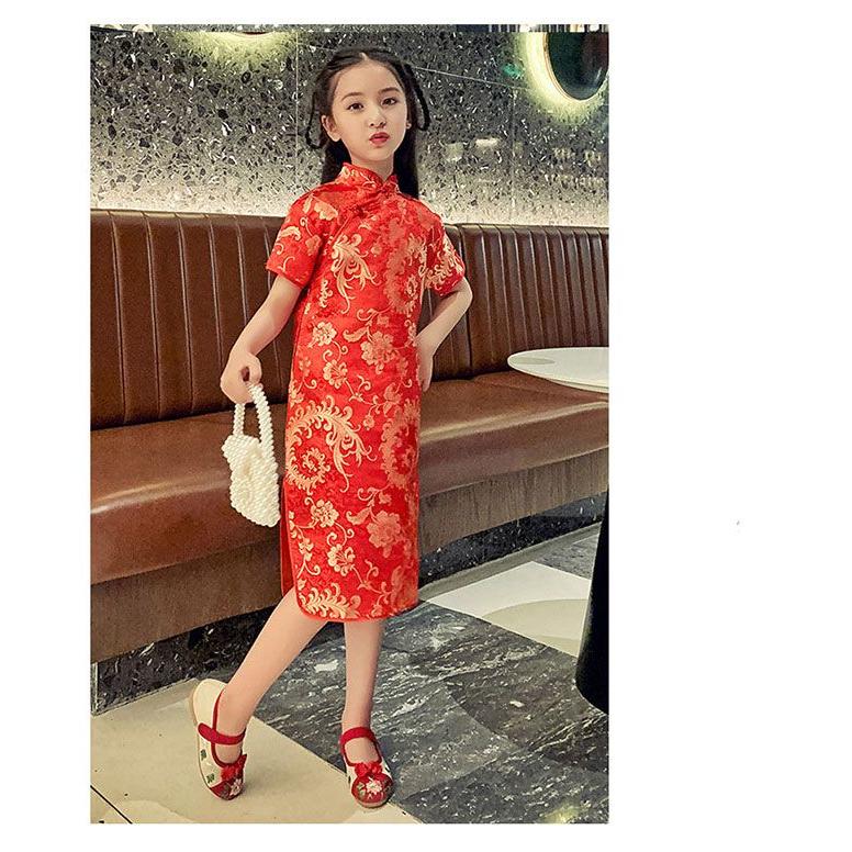 子供 チャイナドレス ショート丈 半袖 梅柄 新年 パーティードレス 発表会 演奏会 ドレス ワンピース チャイナ かわいい コスプレ ハロウ - 画像 (8)