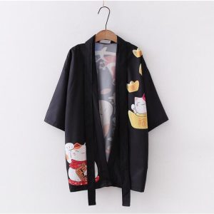 羽織 着物風 レディースカーディガン ベルトあり 着物風 招き猫プリント羽織 ボレロ 5分袖 和風 浴衣風アウター 夏 ルームウェア UVカット羽織 カジュア