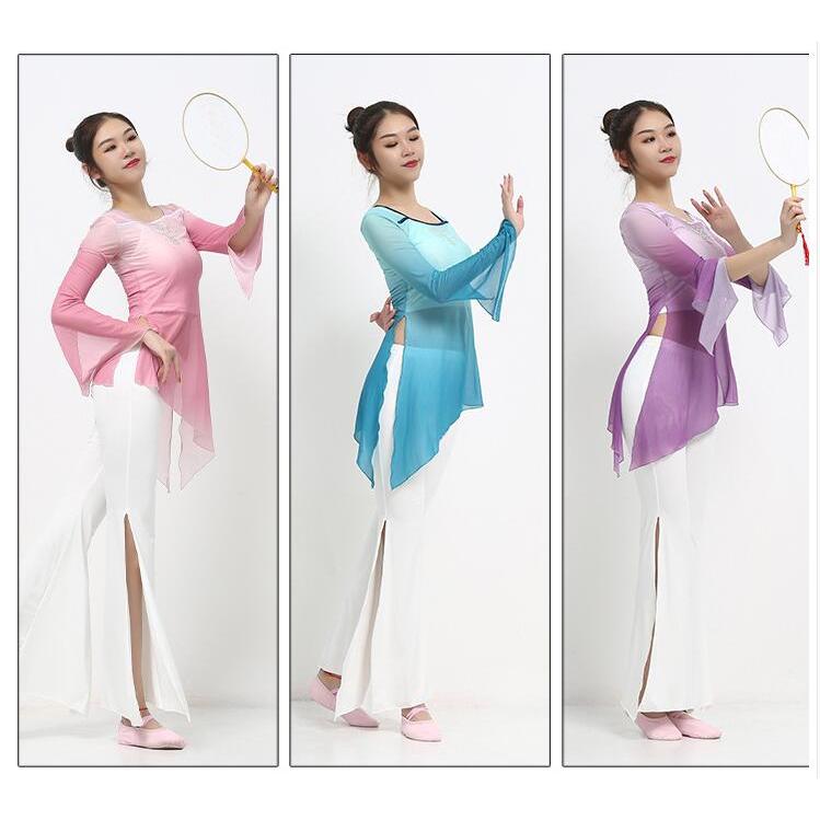 バレエ 古典ダンス衣装 レディース 古典舞踊 衣裳 中華ダンス チャイナ民族ダンスウェア 練習着 長袖シースル グラデーションブラウス アシンメトリー ストーン