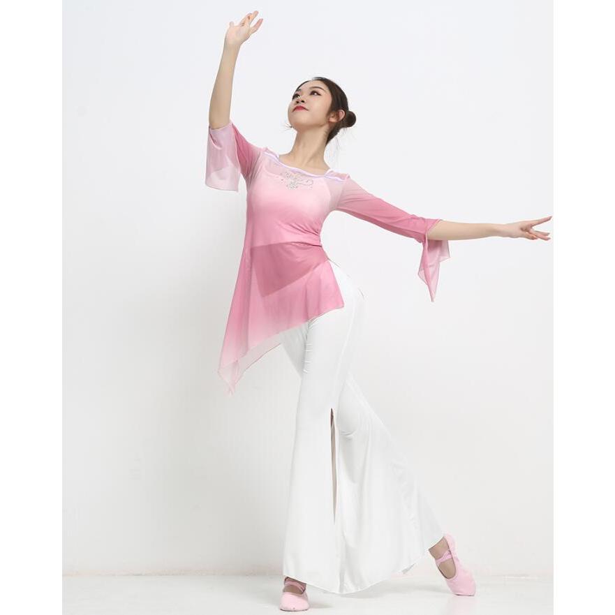 バレエ 古典ダンス衣装 レディース 古典舞踊 衣裳 中華ダンス チャイナ民族ダンスウェア 練習着 長袖シースル グラデーションブラウス アシンメトリー ストーン - 画像 (2)