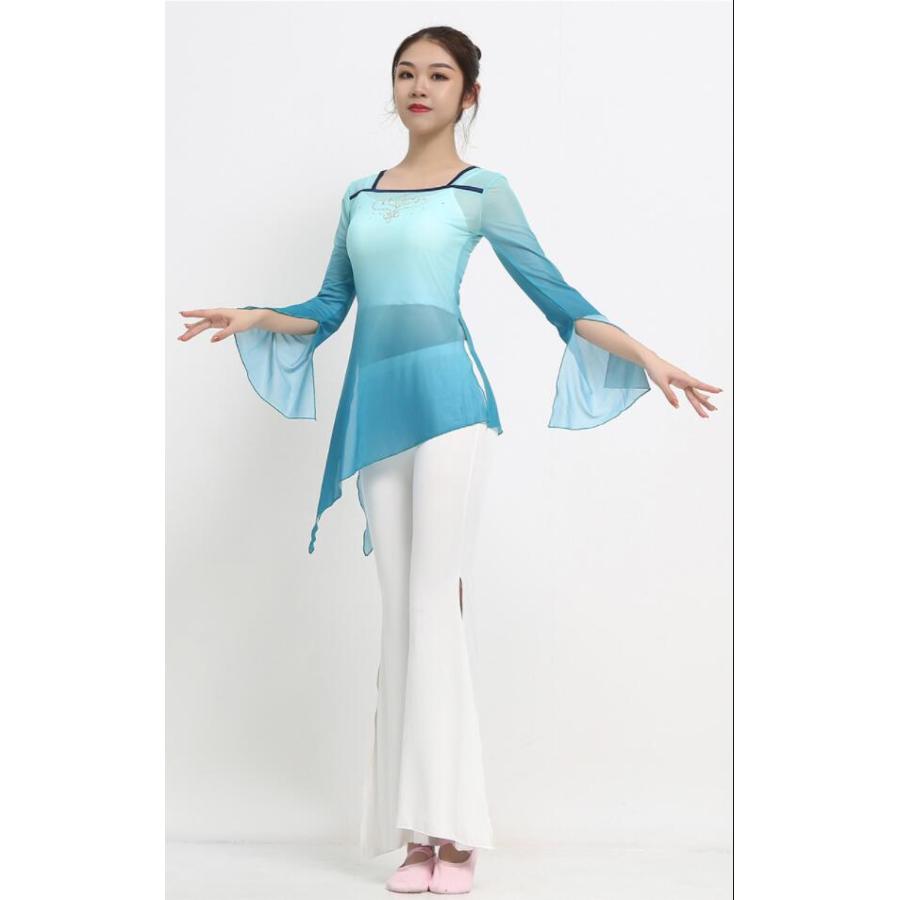 バレエ 古典ダンス衣装 レディース 古典舞踊 衣裳 中華ダンス チャイナ民族ダンスウェア 練習着 長袖シースル グラデーションブラウス アシンメトリー ストーン - 画像 (3)