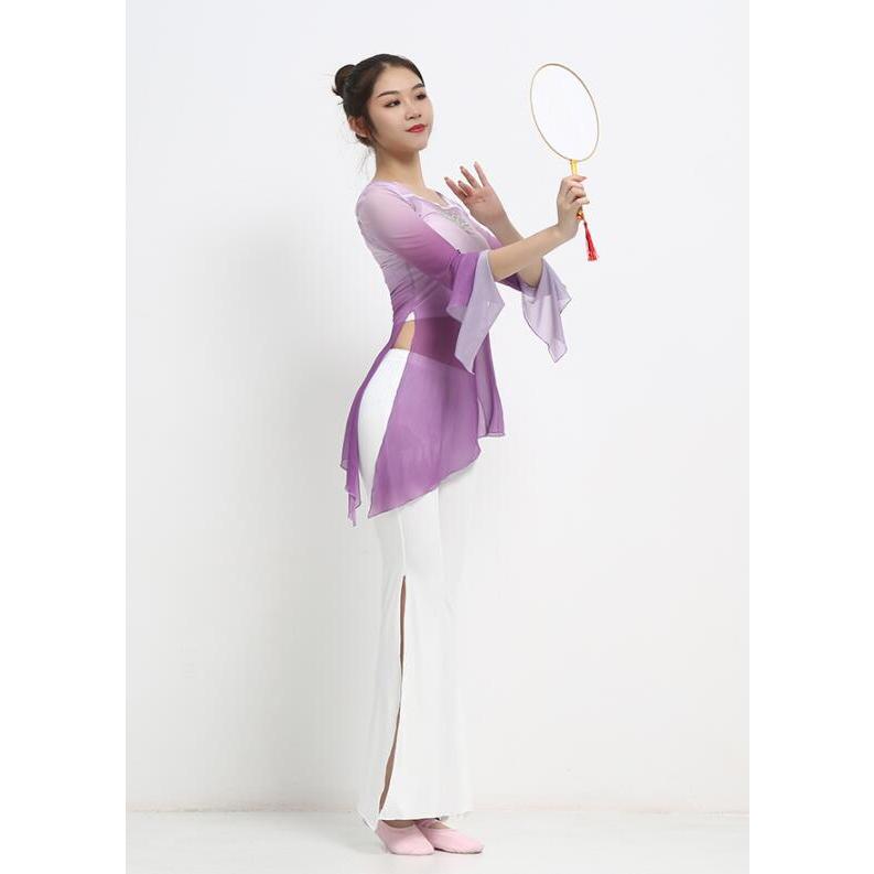 バレエ 古典ダンス衣装 レディース 古典舞踊 衣裳 中華ダンス チャイナ民族ダンスウェア 練習着 長袖シースル グラデーションブラウス アシンメトリー ストーン - 画像 (4)