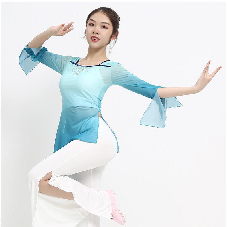 バレエ 古典ダンス衣装 レディース 古典舞踊 衣裳 中華ダンス チャイナ民族ダンスウェア 練習着 長袖シースル グラデーションブラウス アシンメトリー ストーン - 画像 (5)