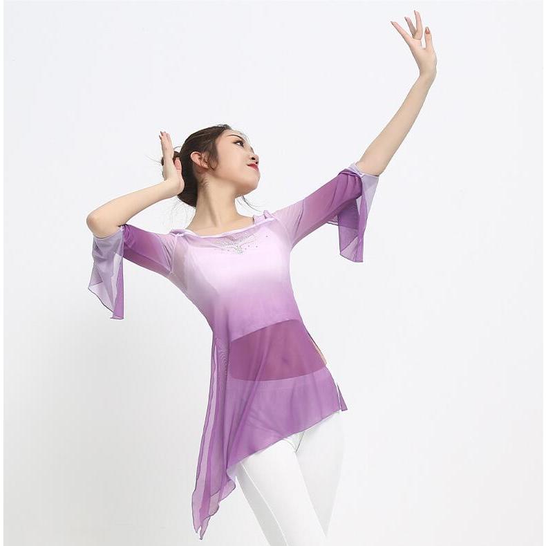 バレエ 古典ダンス衣装 レディース 古典舞踊 衣裳 中華ダンス チャイナ民族ダンスウェア 練習着 長袖シースル グラデーションブラウス アシンメトリー ストーン - 画像 (6)