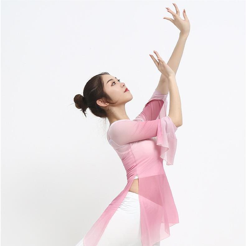 バレエ 古典ダンス衣装 レディース 古典舞踊 衣裳 中華ダンス チャイナ民族ダンスウェア 練習着 長袖シースル グラデーションブラウス アシンメトリー ストーン - 画像 (7)