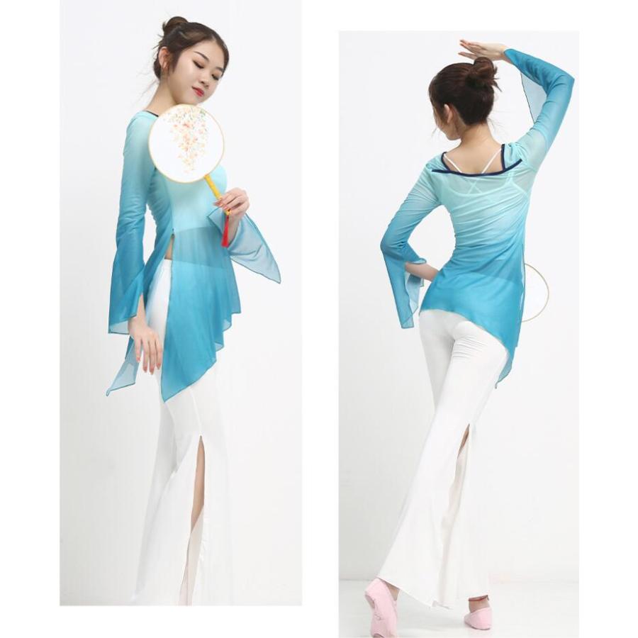 バレエ 古典ダンス衣装 レディース 古典舞踊 衣裳 中華ダンス チャイナ民族ダンスウェア 練習着 長袖シースル グラデーションブラウス アシンメトリー ストーン - 画像 (8)