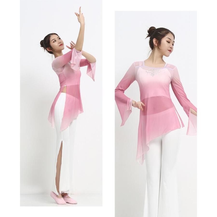 バレエ 古典ダンス衣装 レディース 古典舞踊 衣裳 中華ダンス チャイナ民族ダンスウェア 練習着 長袖シースル グラデーションブラウス アシンメトリー ストーン - 画像 (9)