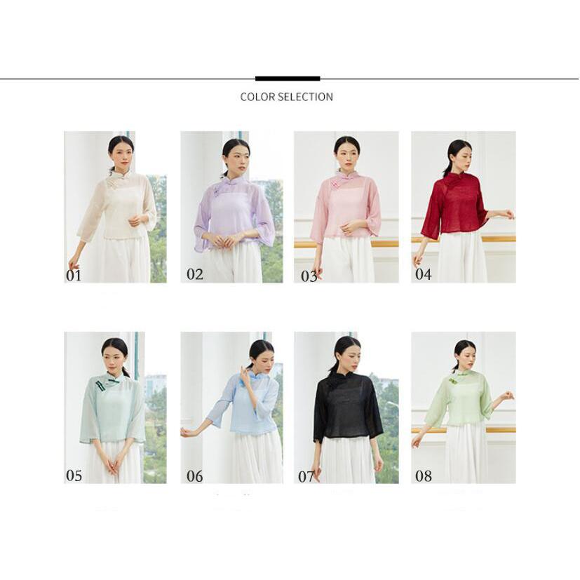 チャイナ風ダンス衣裳 中国古典舞踊ダンス 衣装 チャイナ服 チャイナブラウス 七分袖 ショート丈 トップス 中華ダンスウェア 古典ダンス ヨガ バレエ ウェア レ