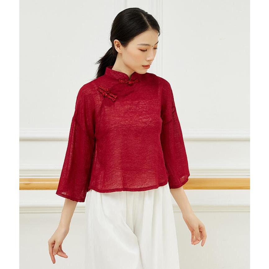 チャイナ風ダンス衣裳 中国古典舞踊ダンス 衣装 チャイナ服 チャイナブラウス 七分袖 ショート丈 トップス 中華ダンスウェア 古典ダンス ヨガ バレエ ウェア レ - 画像 (2)