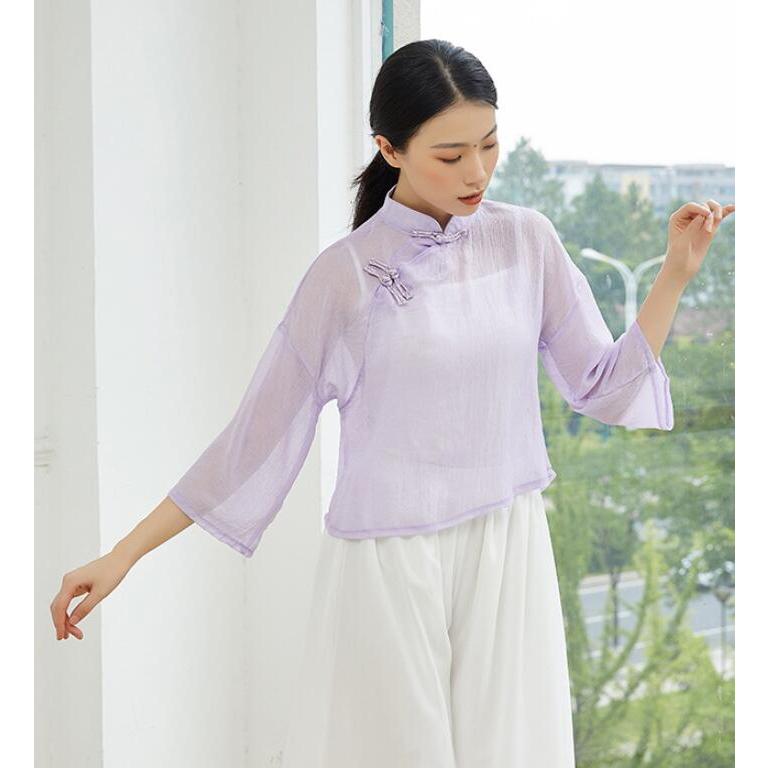 チャイナ風ダンス衣裳 中国古典舞踊ダンス 衣装 チャイナ服 チャイナブラウス 七分袖 ショート丈 トップス 中華ダンスウェア 古典ダンス ヨガ バレエ ウェア レ - 画像 (3)