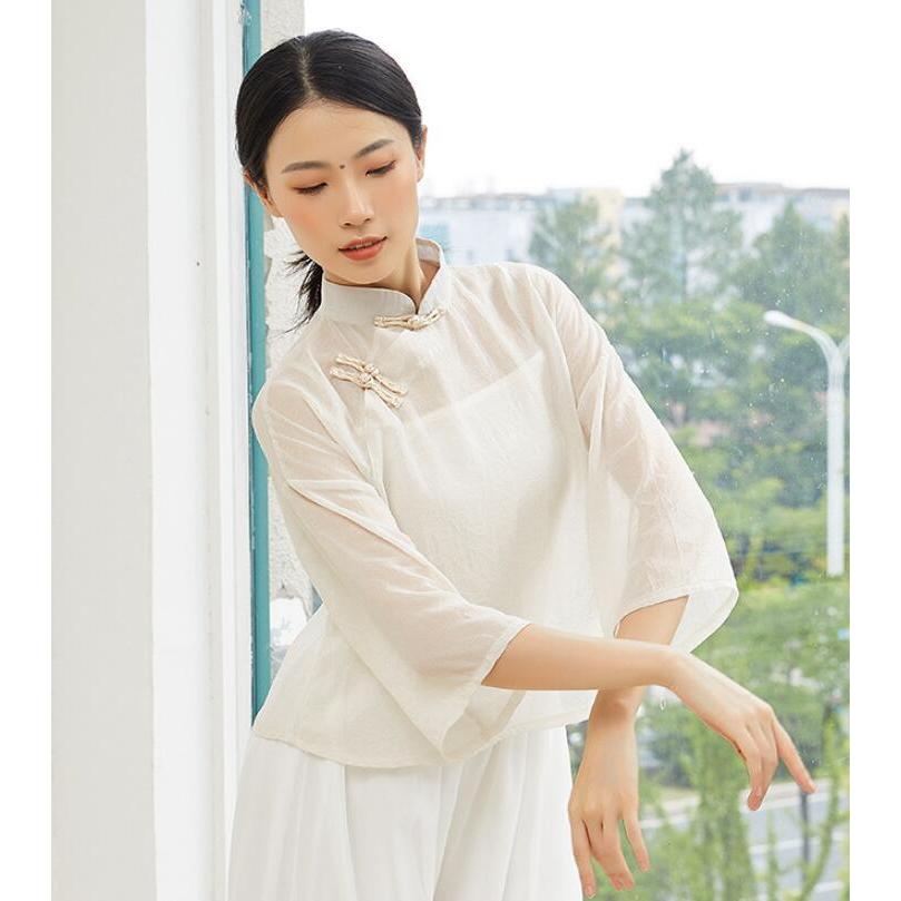 チャイナ風ダンス衣裳 中国古典舞踊ダンス 衣装 チャイナ服 チャイナブラウス 七分袖 ショート丈 トップス 中華ダンスウェア 古典ダンス ヨガ バレエ ウェア レ - 画像 (4)