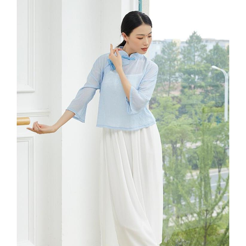 チャイナ風ダンス衣裳 中国古典舞踊ダンス 衣装 チャイナ服 チャイナブラウス 七分袖 ショート丈 トップス 中華ダンスウェア 古典ダンス ヨガ バレエ ウェア レ - 画像 (5)