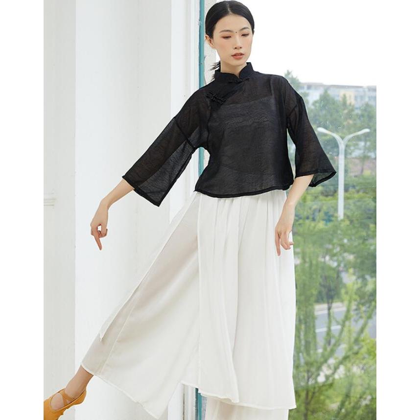 チャイナ風ダンス衣裳 中国古典舞踊ダンス 衣装 チャイナ服 チャイナブラウス 七分袖 ショート丈 トップス 中華ダンスウェア 古典ダンス ヨガ バレエ ウェア レ - 画像 (6)