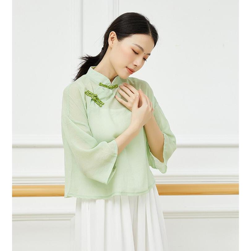 チャイナ風ダンス衣裳 中国古典舞踊ダンス 衣装 チャイナ服 チャイナブラウス 七分袖 ショート丈 トップス 中華ダンスウェア 古典ダンス ヨガ バレエ ウェア レ - 画像 (7)