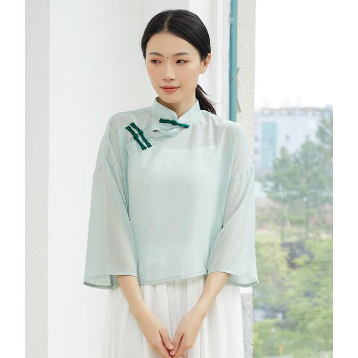 チャイナ風ダンス衣裳 中国古典舞踊ダンス 衣装 チャイナ服 チャイナブラウス 七分袖 ショート丈 トップス 中華ダンスウェア 古典ダンス ヨガ バレエ ウェア レ - 画像 (8)