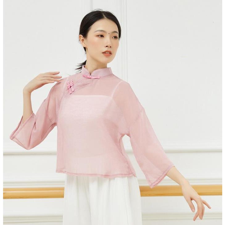 チャイナ風ダンス衣裳 中国古典舞踊ダンス 衣装 チャイナ服 チャイナブラウス 七分袖 ショート丈 トップス 中華ダンスウェア 古典ダンス ヨガ バレエ ウェア レ - 画像 (9)