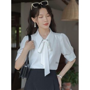 ボウタイ 可愛い シャツ シフォン 夏 レディース トップス ブラウス 半袖 エレガント 上品 白シャツ 春夏 切り替え フォーマル 仕事着 通勤 OL オフィス レギュ