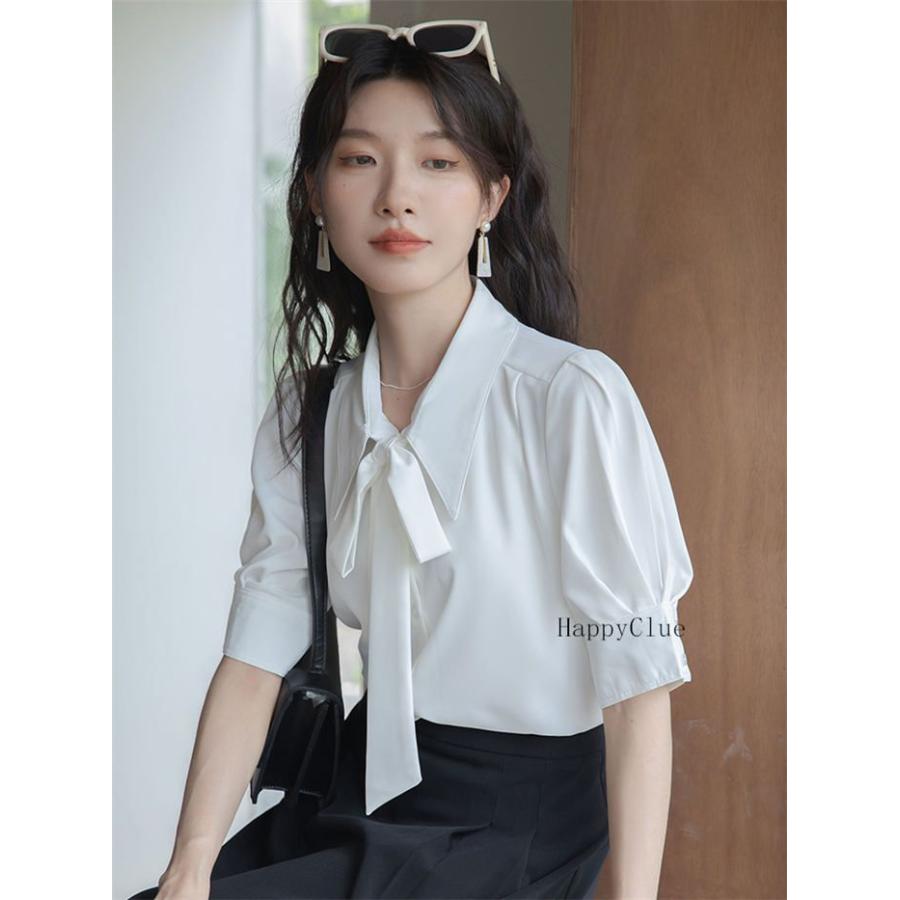 ボウタイ 可愛い シャツ シフォン 夏 レディース トップス ブラウス 半袖 エレガント 上品 白シャツ 春夏 切り替え フォーマル 仕事着 通勤 OL オフィス レギュ - 画像 (2)
