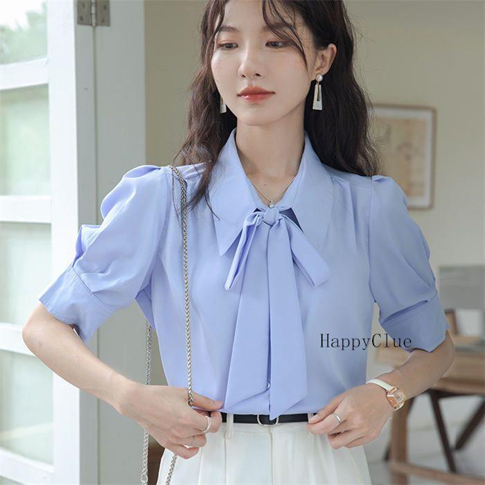ボウタイ 可愛い シャツ シフォン 夏 レディース トップス ブラウス 半袖 エレガント 上品 白シャツ 春夏 切り替え フォーマル 仕事着 通勤 OL オフィス レギュ - 画像 (3)
