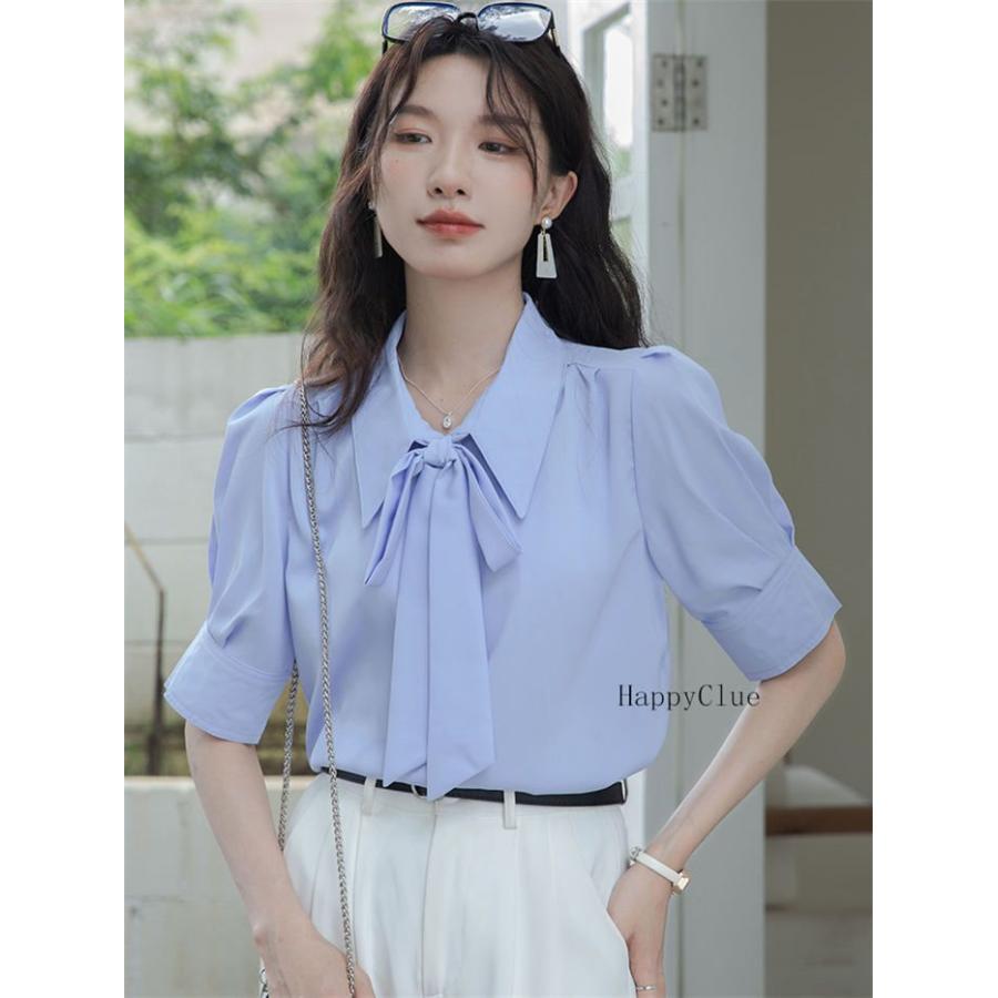 ボウタイ 可愛い シャツ シフォン 夏 レディース トップス ブラウス 半袖 エレガント 上品 白シャツ 春夏 切り替え フォーマル 仕事着 通勤 OL オフィス レギュ - 画像 (4)