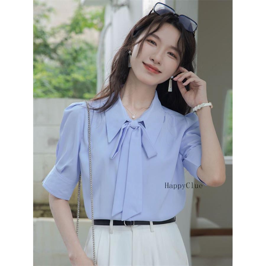 ボウタイ 可愛い シャツ シフォン 夏 レディース トップス ブラウス 半袖 エレガント 上品 白シャツ 春夏 切り替え フォーマル 仕事着 通勤 OL オフィス レギュ - 画像 (5)