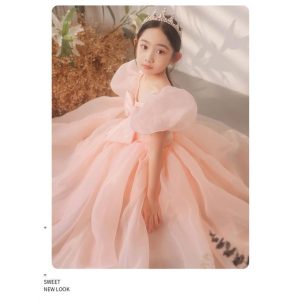 キッズドレス 子供 ドレス 女の子 ワンピース ピンク 可愛い 令嬢テイスト 発表会 演奏会 お姫様ドレス ロングドレス 半袖 パフスリーブ ガールズ 子供服 子ども