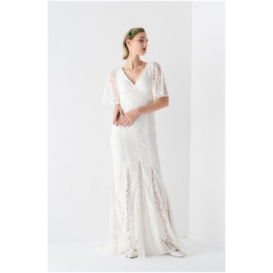 パーティードレス Vネック ウエディングドレス プリンセスライン 白ドレス レース 高品質 成人式ドレス 二次会ドレス フォーマル コンサート 演奏会 発表会 レデ - 画像 (5)