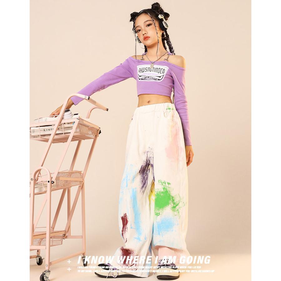 へそ出し トップス キッズ ダンス 衣装 パープル ヒップホップ 白 パンツ タイダイ柄 緑 セットアップ ズボン 長袖 ワイドパンツ 韓国 練習着