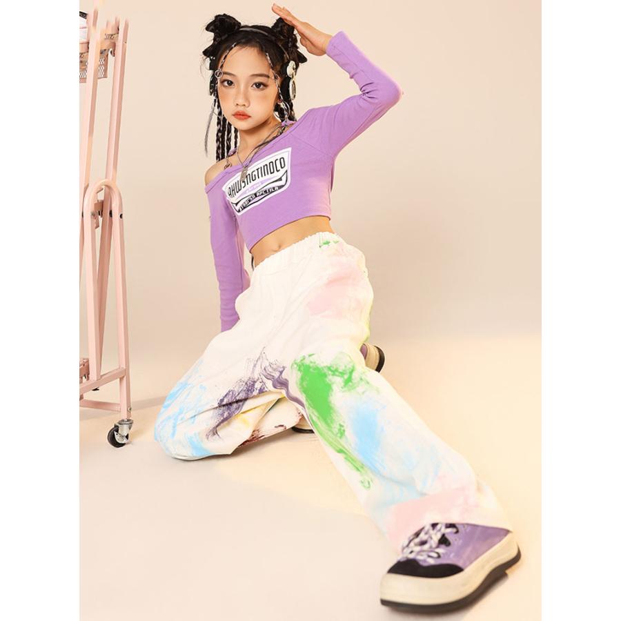 へそ出し トップス キッズ ダンス 衣装 パープル ヒップホップ 白 パンツ タイダイ柄 緑 セットアップ ズボン 長袖 ワイドパンツ 韓国 練習着 - 画像 (2)