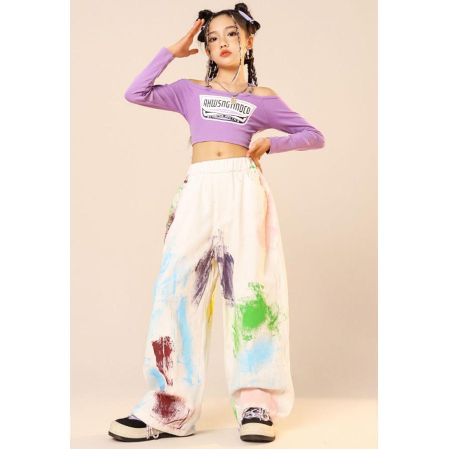 へそ出し トップス キッズ ダンス 衣装 パープル ヒップホップ 白 パンツ タイダイ柄 緑 セットアップ ズボン 長袖 ワイドパンツ 韓国 練習着 - 画像 (3)