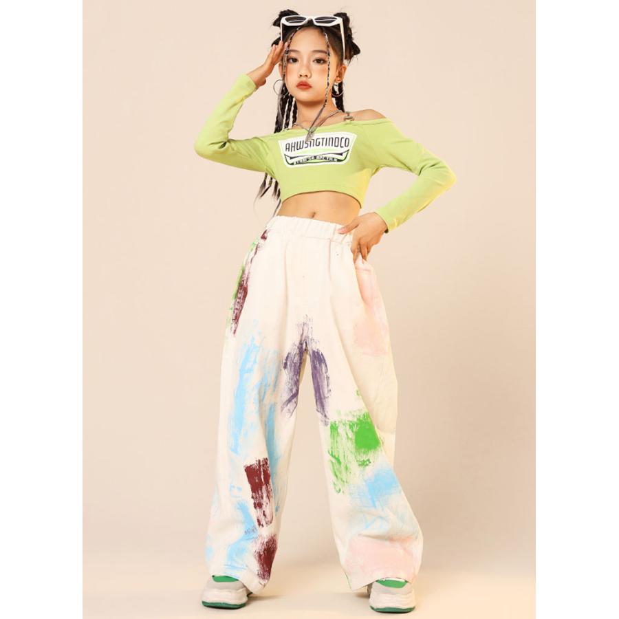 へそ出し トップス キッズ ダンス 衣装 パープル ヒップホップ 白 パンツ タイダイ柄 緑 セットアップ ズボン 長袖 ワイドパンツ 韓国 練習着 - 画像 (4)
