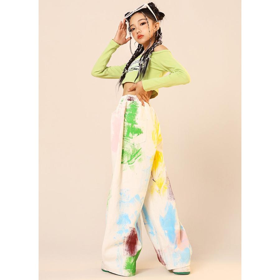 へそ出し トップス キッズ ダンス 衣装 パープル ヒップホップ 白 パンツ タイダイ柄 緑 セットアップ ズボン 長袖 ワイドパンツ 韓国 練習着 - 画像 (5)