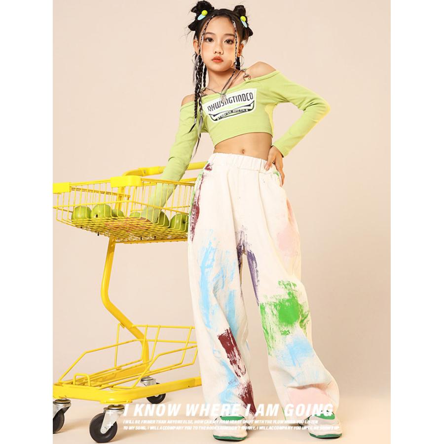 へそ出し トップス キッズ ダンス 衣装 パープル ヒップホップ 白 パンツ タイダイ柄 緑 セットアップ ズボン 長袖 ワイドパンツ 韓国 練習着 - 画像 (6)