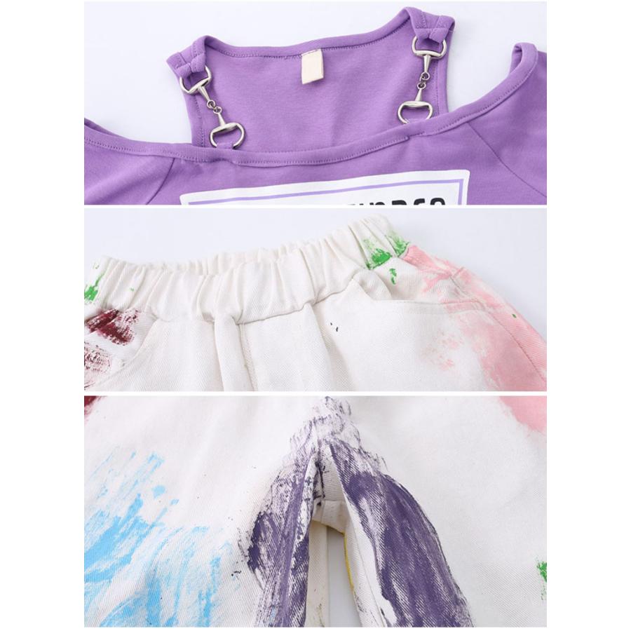 へそ出し トップス キッズ ダンス 衣装 パープル ヒップホップ 白 パンツ タイダイ柄 緑 セットアップ ズボン 長袖 ワイドパンツ 韓国 練習着 - 画像 (8)