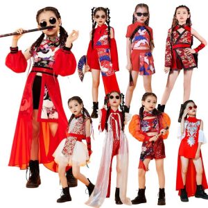 中華風 子供ダンス衣装 女の子 キッズ チャイナ風ダンス 衣裳 半袖 ショート丈 黒トップス 赤花柄ガウチョパンツ 袖カバー ロング丈 チャイナ風羽織付き