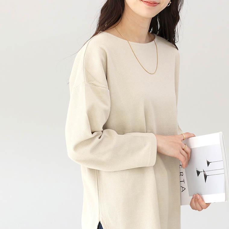 Aletta vita カットソー 長袖 ボートネック ドロップショルダー ワッフル ボートネックワッフルサイドスリット長袖プルオーバー メール便可/ma3 - 画像 (3)