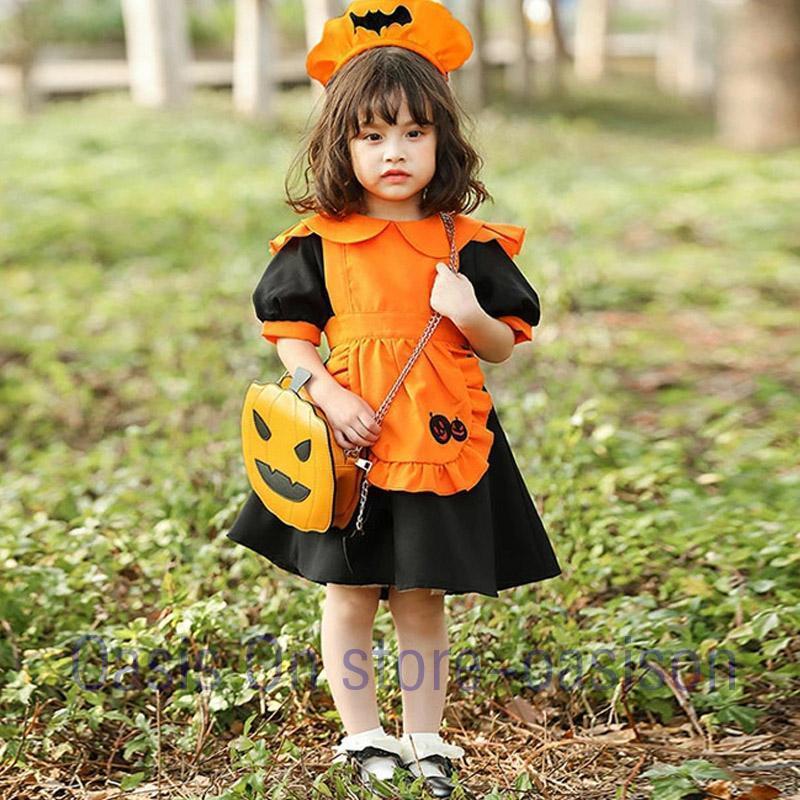 衣装 子供 女の子 コスプレ かぼちゃ 仮装 コスチューム 2点セット エプロンドレス ワンピース ドレス カチューシャ こども キッズ 子ども用 - 画像 (3)