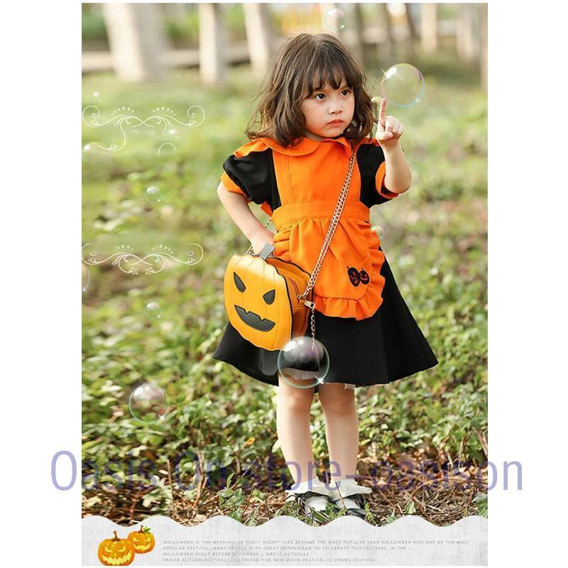 衣装 子供 女の子 コスプレ かぼちゃ 仮装 コスチューム 2点セット エプロンドレス ワンピース ドレス カチューシャ こども キッズ 子ども用 - 画像 (4)