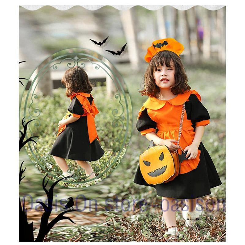 衣装 子供 女の子 コスプレ かぼちゃ 仮装 コスチューム 2点セット エプロンドレス ワンピース ドレス カチューシャ こども キッズ 子ども用 - 画像 (5)
