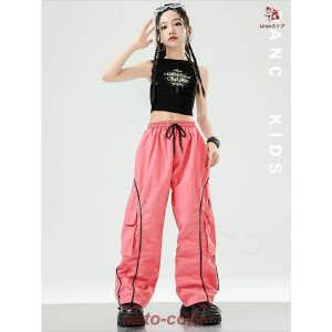白 黒 ピンク 紫 へそ出し キッズ ダンス衣装 セットアップ トップス 柄シャツ ショート丈 サルエルパンツ 反射パンツ 女の子 ストレート ファション ジャズダン