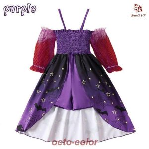 プリンセスドレス  仮装 衣装 子供服 コスプレ ワンピース 女の子 赤ちゃん こども パープル 紫 キッズ コスチューム コウモリ柄 小悪魔 魔女 巫女 星