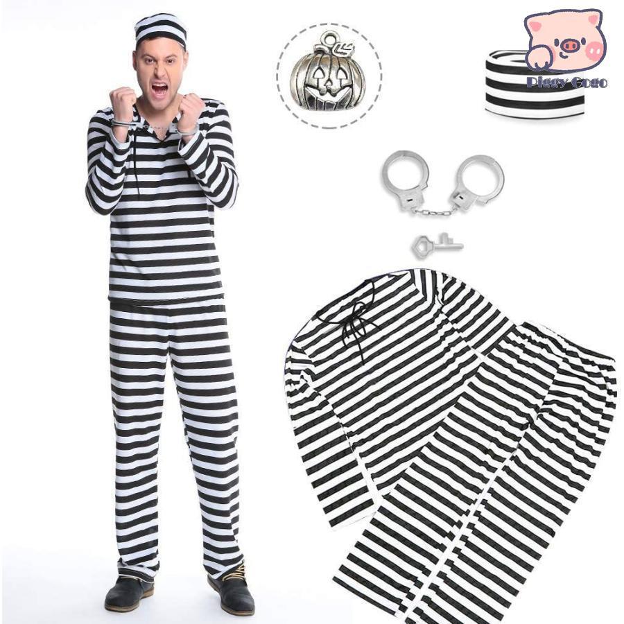 [セール」囚人服 コスチューム 囚人 仮装 手錠 セット メンズ 白黒 ボーダー 長袖 - 画像 (6)