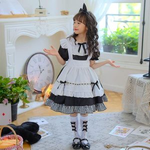 子供用 コスプレ メイド服 キッズ ハロウィン衣装 コスチューム メイド仮装 長袖 半袖 変換可 可愛い ワンピース カチューシャ付き エプロン リボン 5点セット